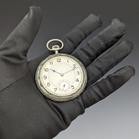 Antique Mumei pocket watch Art Nouveau flower sculpture alloy case works well